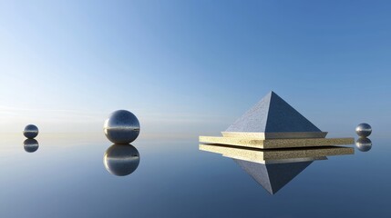 Aufkleber - This 3D rendering shows an empty pastel yellow podium on a dune with a glass ball reflection of a lake and sky in a surreal pastel landscape background.