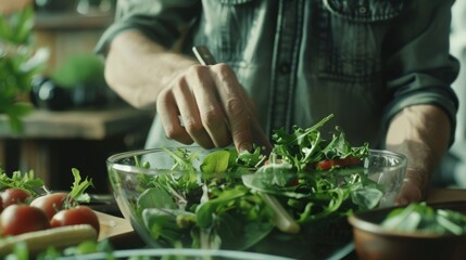 A person gently stirs a vibrant green salad in a glass bowl in a cozy kitchen, preparing a fresh and healthy meal.