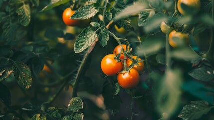 Wall Mural - A cluster of ripening tomatoes on the vine, surrounded by lush green leaves, captures the essence of organic gardening.