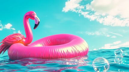 Poster - Podium displays on summer sea ocean with pink flamingo, beach ball, and bubble on blue sky background.