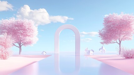 Aufkleber - The picture shows a surreal landscape with pastel purple trees and a colorful island with coral on a dune with a blue sky, sea, and sky.