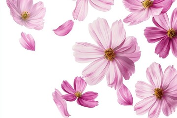 Poster - Falling pink flowers with petals in the air, spring season floral element.