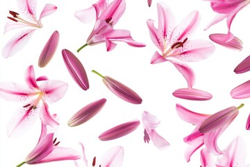 Aufkleber - Isolated pink flowers with falling petals isolated on a white background, spring season floral element.