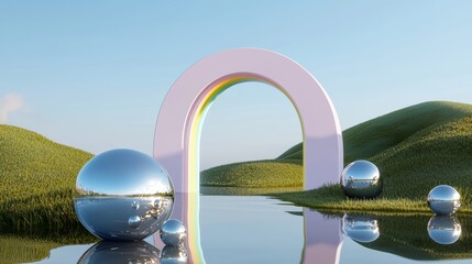 Aufkleber - A 3D render of a surreal landscape with pastel grass on a dune reflected in a glass arch against a blue sky background.