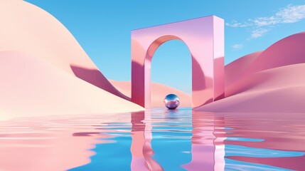 Aufkleber - 3D rendering of abstract pastel dune, glass arch reflect grass land with metallic ball, surreal background.