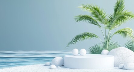 Poster - Purple summer concept with an empty podium for displaying products decorated with summer beach balls, trees, and sunglasses.