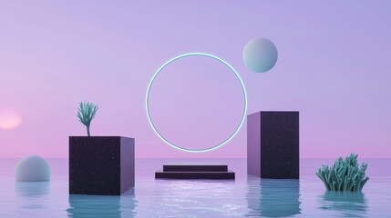 Aufkleber - In 3D rendering, a surreal landscape podium is shown on a sand dune over an aurora sky background. A glowing neon circle and cube fly in the air above the podium.