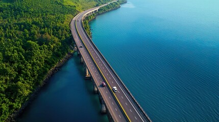 Aerial view of a long bridge with cars driving over it, surrounded by lush green trees and blue water.