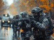 © Professional Agency - SWAT police officers in tactical gear maneuvering through a wooded area during a training exercise in autumn
