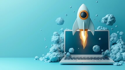 Wall Mural - a rocket takes off from a laptop screen against a blue background, representing the excitement of a 
