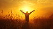 © 柳迪 付 - A Man Standing in the Field with His Arms Raised Towards the Sky, Embracing the Freedom and Vastness of the Outdoors, Capturing a Moment of Joy and Connection with Nature, Ideal for Representing Theme