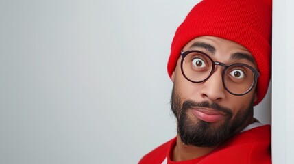 Wall Mural - A man with a red hat and glasses is looking at the camera with a surprised expression. Concept of curiosity and intrigue