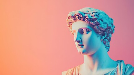 A bust of an ancient Greek stone statue on a bright pastel background, merging classical art with modern design aesthetics.