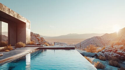 Wall Mural - Luxurious modern pool in a serene desert setting, reflecting the clear sky and surrounded by minimalist architecture and dry rocky landscape.