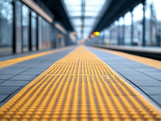 a yellow tactile paving strip on a train platform, leading to the blurred train station.