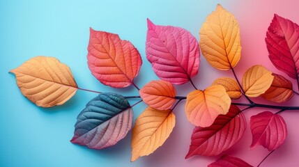 Wall Mural - A group of colorful leaves on a pink and blue pastel background