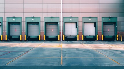 A row of green industrial dock doors stands ready for unloading, hinting at the bustling activity of a warehouse.