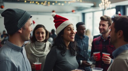 A group of friends in festive attire enjoy a lively holiday party, with joyful expressions and holiday decorations setting the scene.