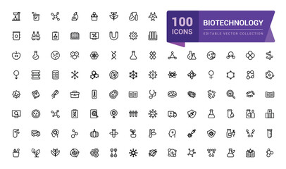 Wall Mural - biotechnology icon set. simple and mimimal line chemistry and lab set of medical analysis experiment