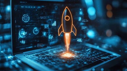 Wall Mural - a laptop screen displays a rocket launch, symbolizing digital innovation, technology startup, and gr