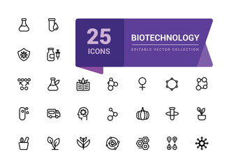 Wall Mural - biotechnology icon set. simple and mimimal line chemistry and lab set of medical analysis experiment