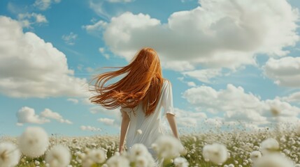 Poster - A young woman with long red hair walks through a field of fluffy white flowers, under a clear sky with scattered clouds.