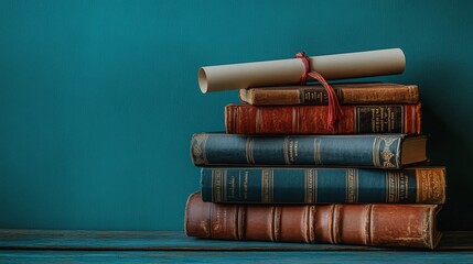 Wall Mural - Mortarboard and graduation scroll atop books, blue background, celebrating graduation day and educational achievement