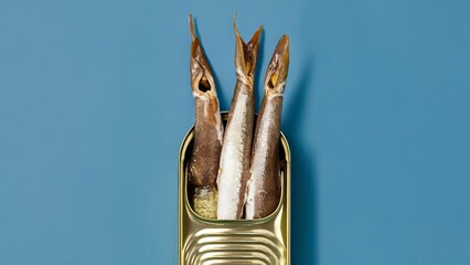 Fresh anchovies spilling out of an open can, contrasting against a crisp blue background. The scene highlights the juxtaposition of natural and industrial elements