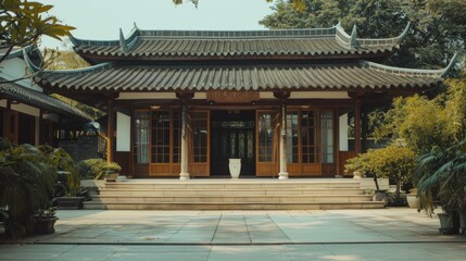 A traditional Asian structure with ornate architectural details sits peacefully surrounded by lush greenery.