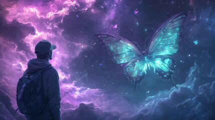 Wall Mural - A man is looking at a butterfly in the sky