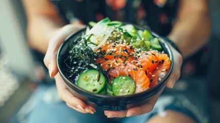 Canvas Print - A vibrant, fresh poke bowl filled with colorful ingredients such as salmon, cucumbers, seaweed, and sesame seeds, held by someone ready to enjoy the meal.