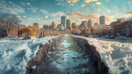 Winter cityscape showing a snow-covered street with an urban skyline in the background during a bright sunny day