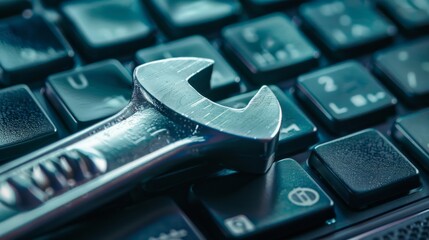 A large wrench laid across a computer keyboard, symbolizing technical support or IT maintenance in a digital world.