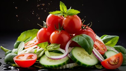 Wall Mural - Crisp salad featuring cherry tomatoes, sliced cucumbers, basil, and onions against a dark backdrop