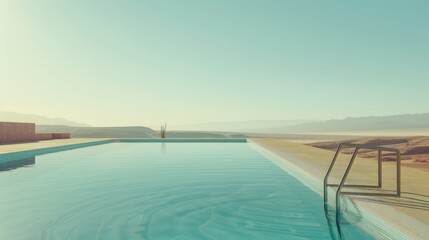 An infinity pool overlooking a vast desert landscape under a serene sky, inviting tranquility and calmness with minimalist design and clear water.