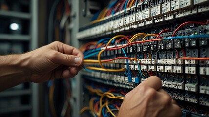 a person is working on a computer with wires and wires.