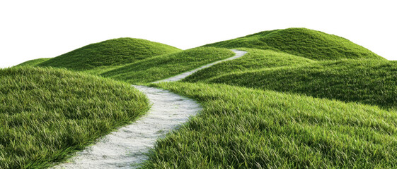 serene hills, a winding dirt path meanders through lush green grass cut out transparent isolated on 