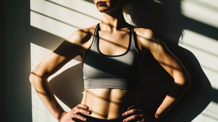 Wall Mural - Athletic woman in a sports bra stands confidently in sunlit stripes, her shadowed muscles exhibiting strength and determination.