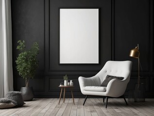 Wall Mural - Modern Living Room with Black Walls and White Armchair