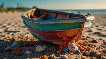 a colorful boat is on the beach with a shell on the side.