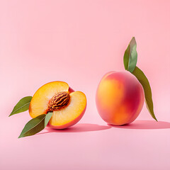 Wall Mural - Fresh ripe organic peach with pit and leaves cut in half against bright peach pink background. Minimal fruit concept. Healthy juicy food trendy composition.