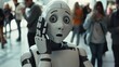 © VK Studio - A humanoid robot with a curious expression touches its head amid a bustling crowd in a bright indoor setting.