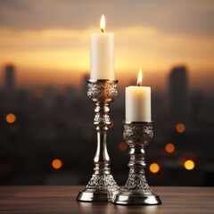 Two candles on blurred early night background, shabbat evening blessing candles,