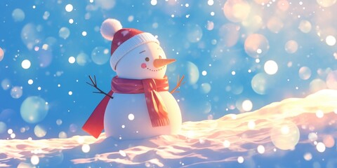 Whimsical 3D Snowman in Winter Wonderland: Festive Holiday Scene with Snowy Landscape and Blue Sky. Dreamy Christmas Atmosphere for Advertising, Cultural Celebrations, and Inclusive Seasonal Greetings