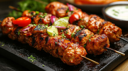 A traditional kebab and shish chicken grilling over hot coals, capturing the essence of Turkish cuisine.