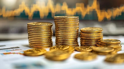 A stack of gold coins sits on a financial chart, representing the concept of business growth and economic success.