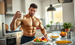 © Photo Builder - A muscular man with a fit physique standing in a modern kitchen  He is in the process of preparing a healthy food