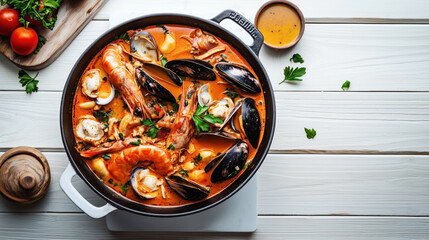 Traditional French food Bouillabaisse. This vibrant seafood stew features assorted shellfish, including clams, mussels, and shrimp, simmered in a rich, saffron-infused tomato broth.