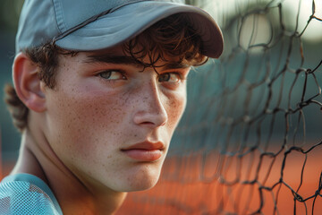 Wall Mural - Closeup Generative AI portrait of focused sportsman sportswoman at tennis court practicing preparing for contest