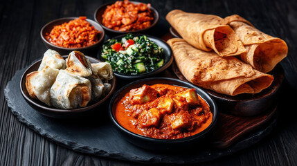 Poster - Traditional Indian food Paneer Butter Masala with rich creamy sauce, saag paneer, roti, and rice side dishes on a dark wooden surface.